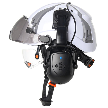 CE Safety Helmet With Bluetooth Earmuffs &ndash; Built In Goggles White Set