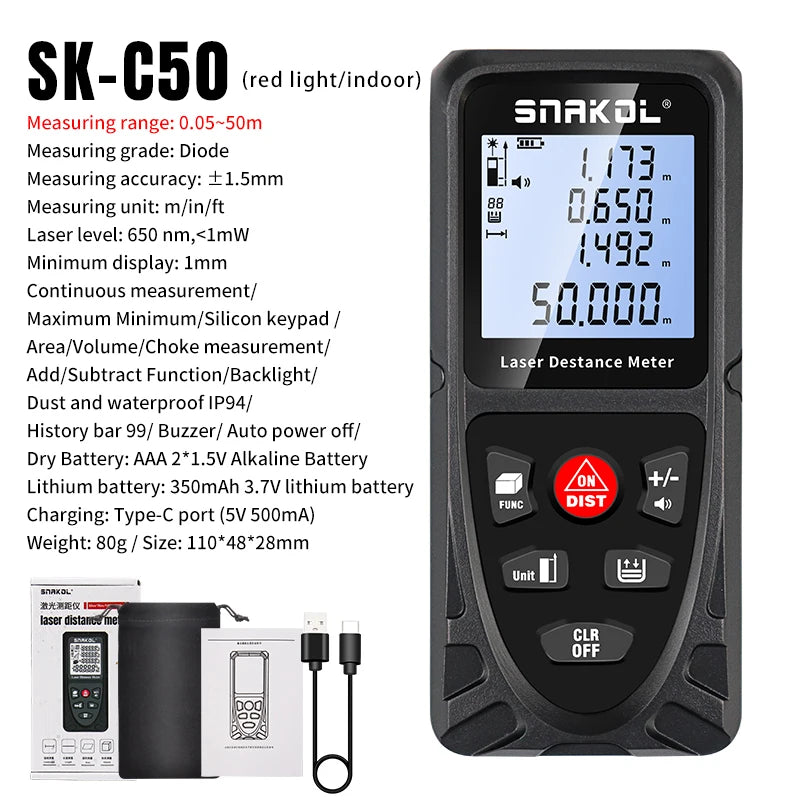 SNAKOL Professional Laser Distance Meter with Range Options up to 120m SK-C50 Type-C