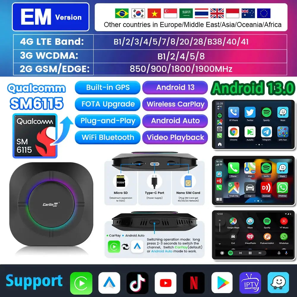 Carlinkit 128G Wireless CarPlay Box Android Auto Netflix EM 13.0 8 cores / 8GB 128GB