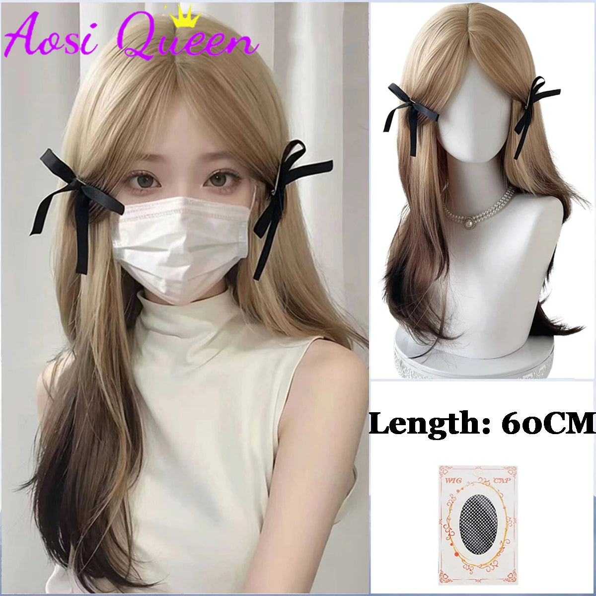 AosiQueen Black Pink Ombre Long Wavy Synthetic Wig with Bangs for Cosplay Blue