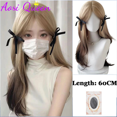 AosiQueen Black Pink Ombre Long Wavy Synthetic Wig with Bangs for Cosplay Blue