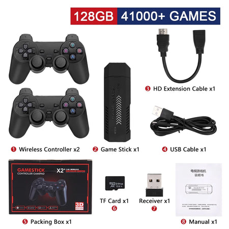 GD10 Plus Game Stick 4K HD Console with 58,000 Games &amp; Wireless Controllers 128GB