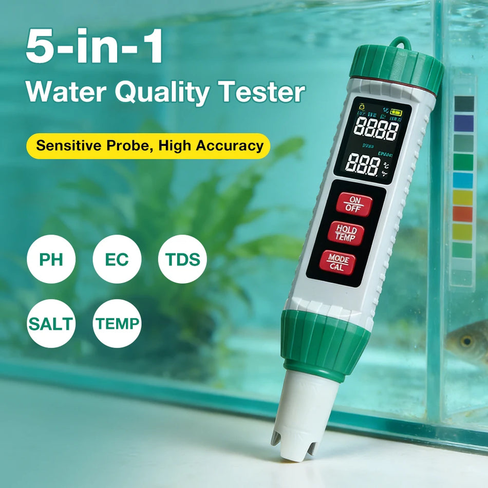  5 In 1 Digital Chlorine Meter Digital PH TDS EC Salt Temp Meter Water Quality Tester for Swimming Pool 0-9999 PPM Detector