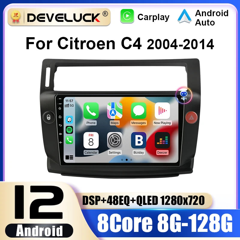 Autorádio Citroen C4 Double Din s Android 12 CarPlay GPS 9 palcový dotykový displej