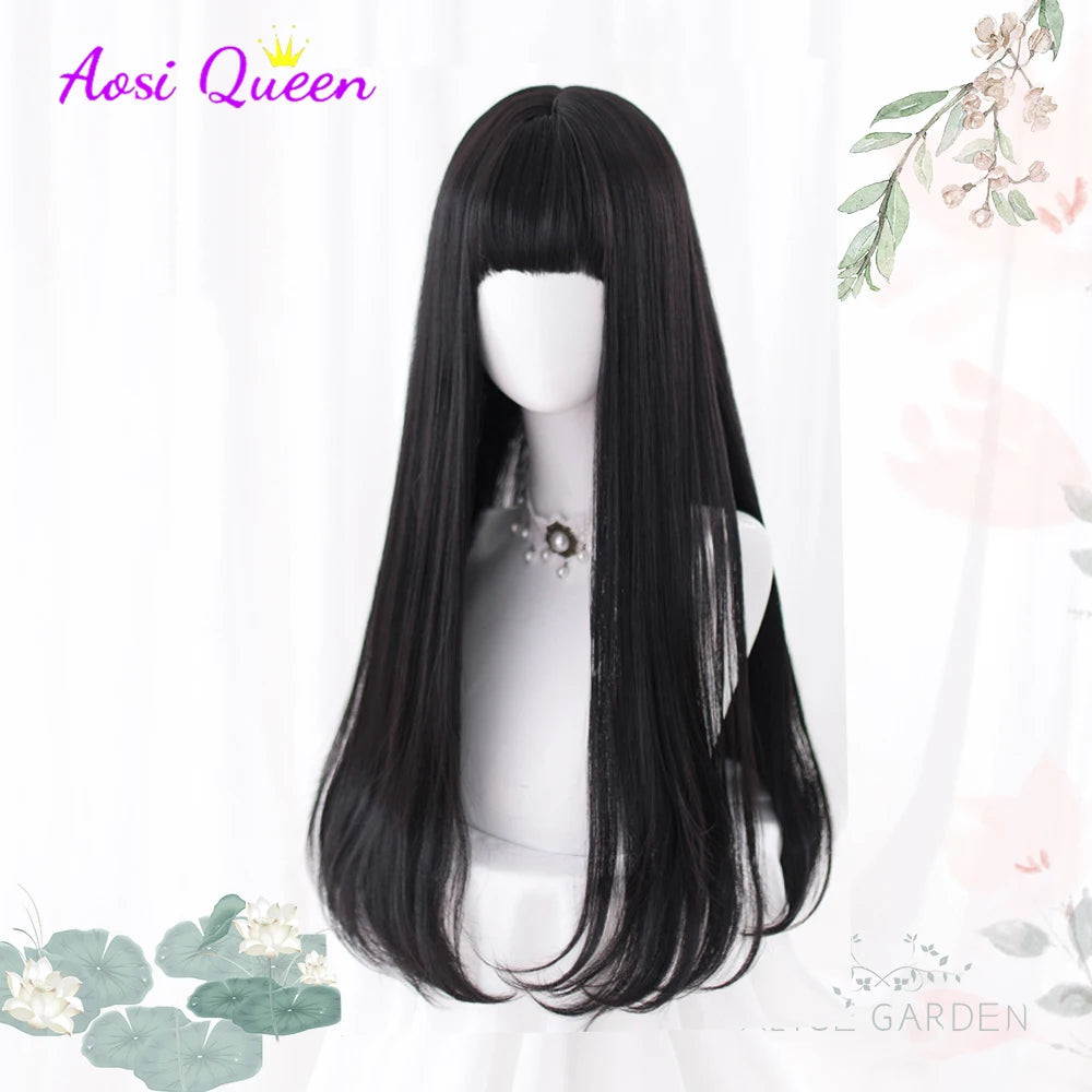 Long Straight Black Synthetic Wig with Bangs for Cosplay and Everyday Wear