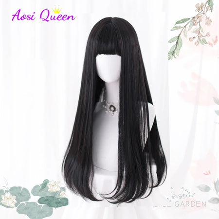 Long Straight Black Synthetic Wig with Bangs for Cosplay and Everyday Wear