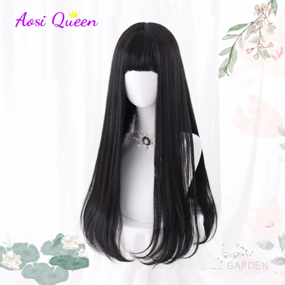 Long Straight Black Synthetic Wig with Bangs for Cosplay and Everyday Wear
