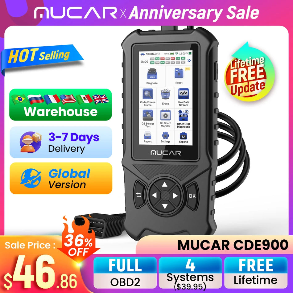 MUCAR CDE900 Obd2 Scanner &ndash; 4 Inch Touchscreen Free Update