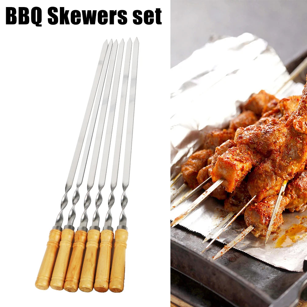 Long Handle Stainless Steel BBQ Skewers with Wooden Grip - 6pcs Set