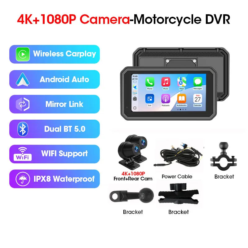 Srnubi 6.25 Inch Moto DVR GPS Motorcycle Navigator &ndash; Wireless CarPlay and Android Auto Support Moto DVR / None