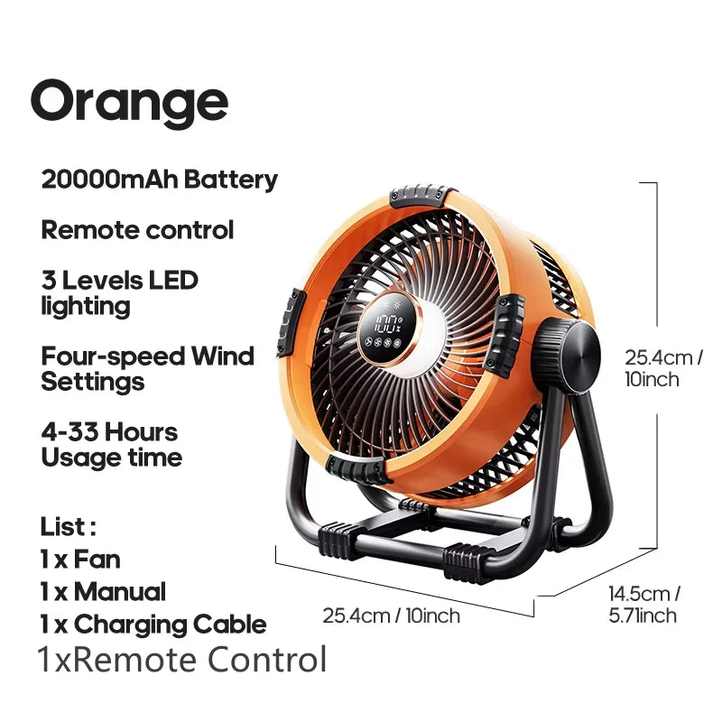 Rechargeable Camping Fan 20000mAh - LED Lights Remote Orange 20000mA