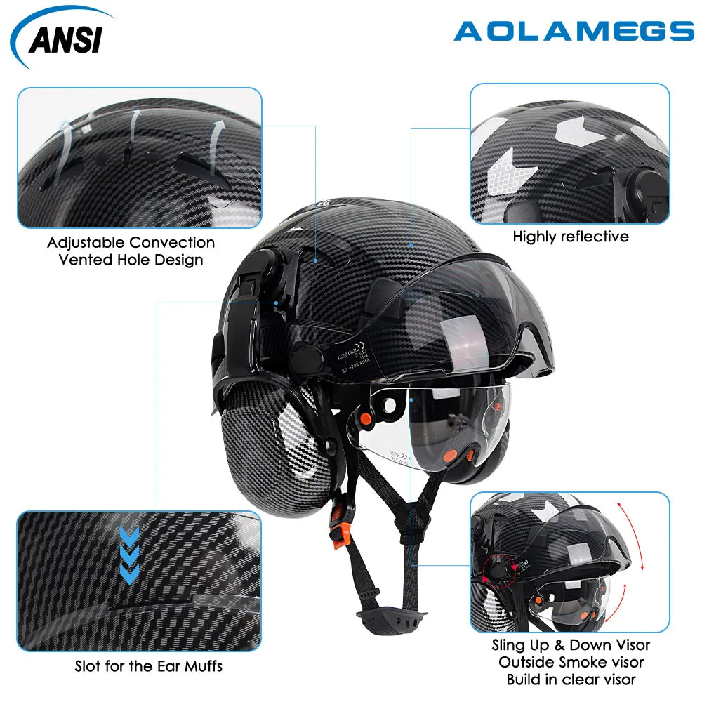 CE ABS Safety Helmet With Earmuffs Goggles &ndash; Secure Fit