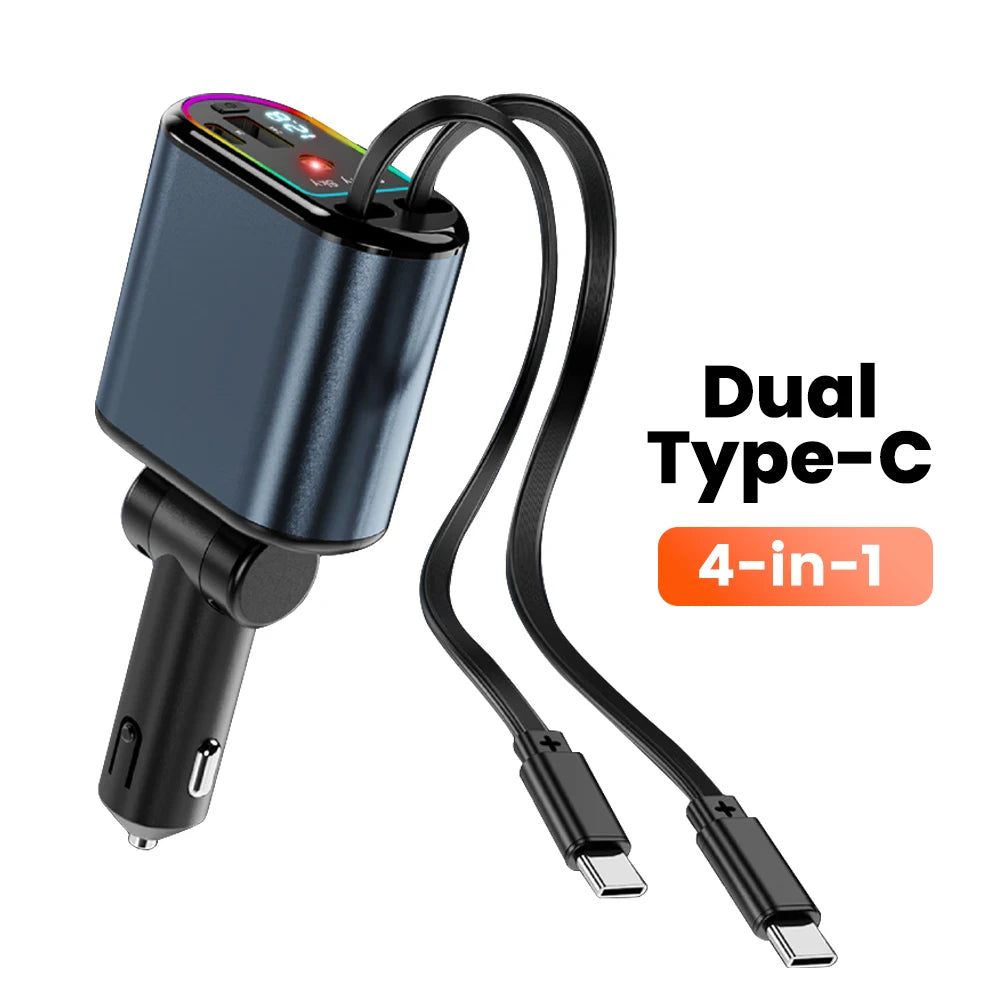 120W 4-In-1 Retractable Car Charger Type-C - Fast Charge TypeC and TypeC