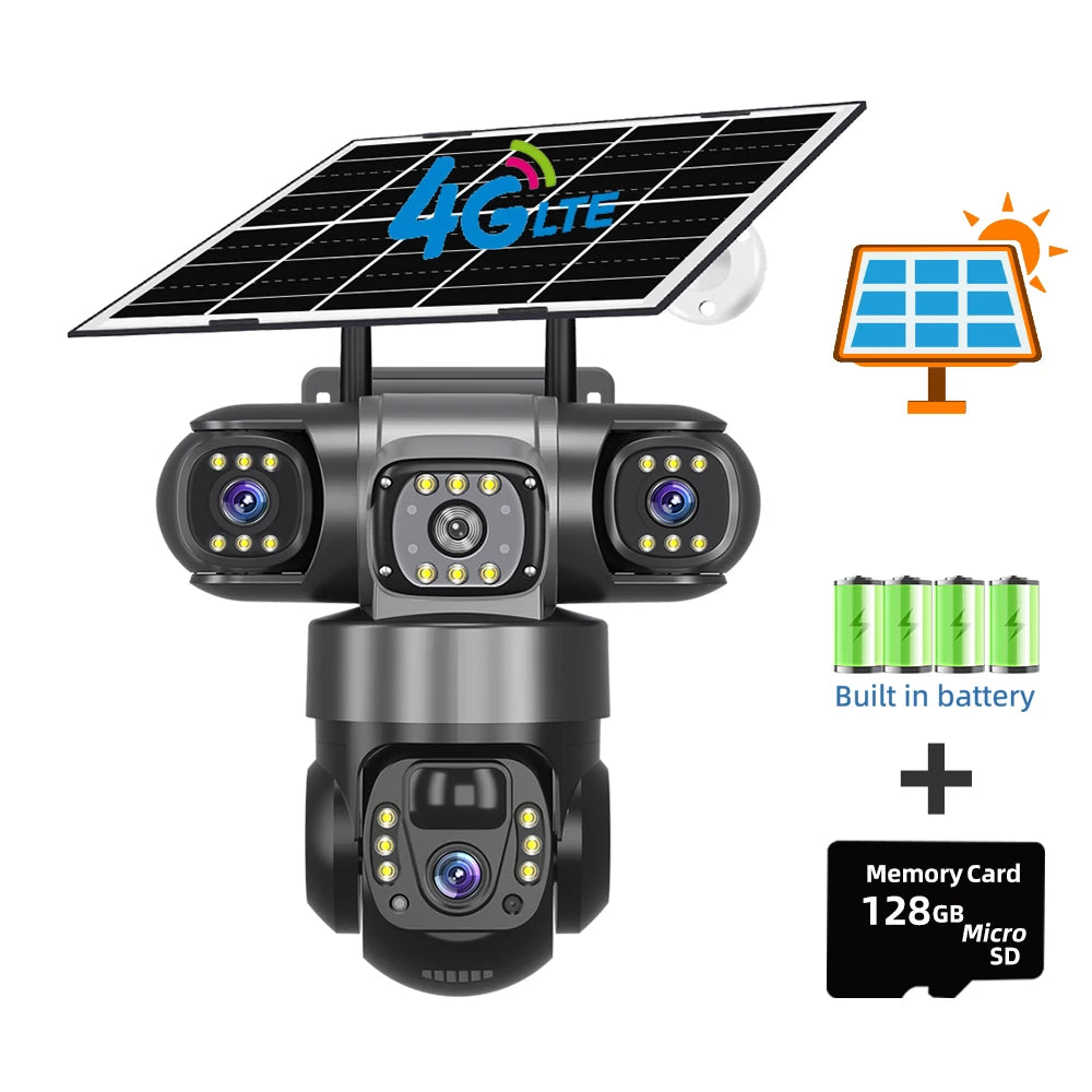 V380 Pro 15MP 6K 10X Zoom Triple Lens 4G Solar Outdoor Three Screen PIR Motion Detection Security CCTV Camera 4G Cam Add 128G