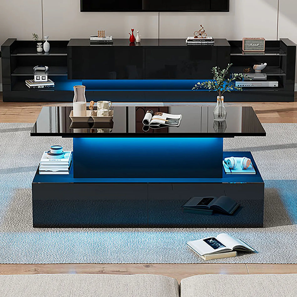 Mesa de café moderna negra brillante con LED y cuatro cajones