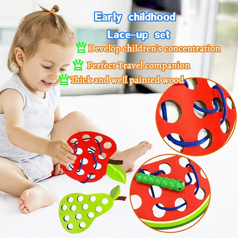 Educational Wooden Lacing Fruit Toy Set - Threading Activity Puzzle for Toddlers' Fine Motor Skills