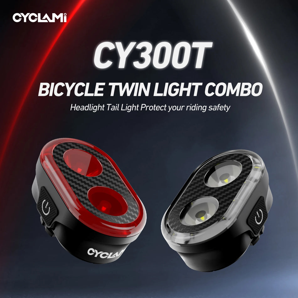 Set de lumini față și spate pentru bicicletă CYCLAMI CY300T cu încărcare USB, rezistent la apă IPX6, lumini LED pentru spate