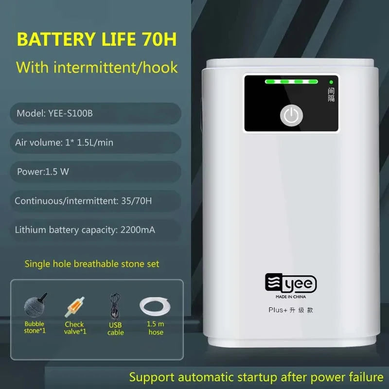 Fish Tank Oxygen Pump &ndash; 6000mAh 185H Silent Portable YE-S100B