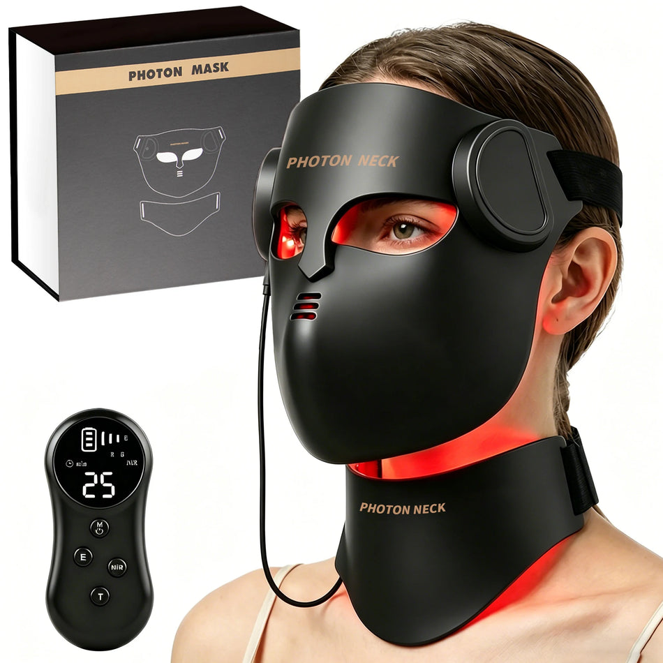 LED Rotlichttherapie-Maske mit Hals - 8-Farben-Infrarot-Gesichtsmaske gegen Akne