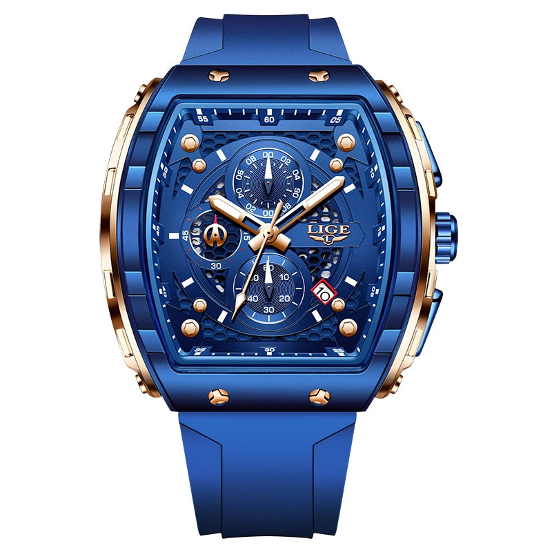 LIGE Luxury Square Casual Quartz Watch - 50M Waterproof Chronograph Blue