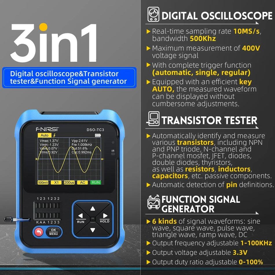 FNIRSI DSO TC3 Handheld Oscilloscoop Transistor Tester 3in1