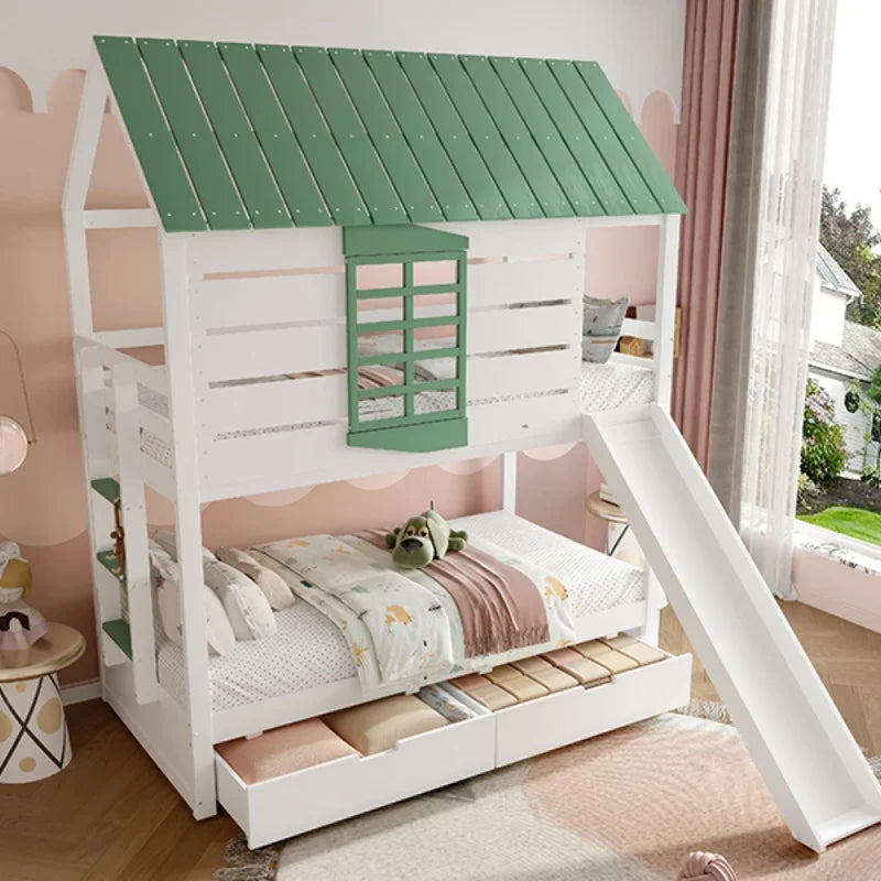 Tvillinghus Våningssäng Med Tak Rutschkana 2 Lådor Vit Grön