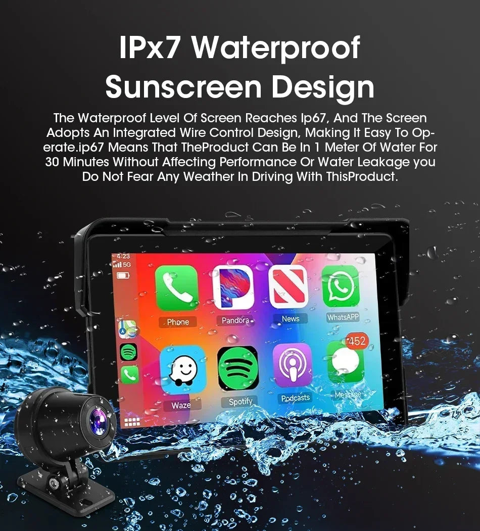 Jansite 5 Inch Portable CarPlay Motorcycle DVR &ndash; IPX7 Waterproof LCD Display