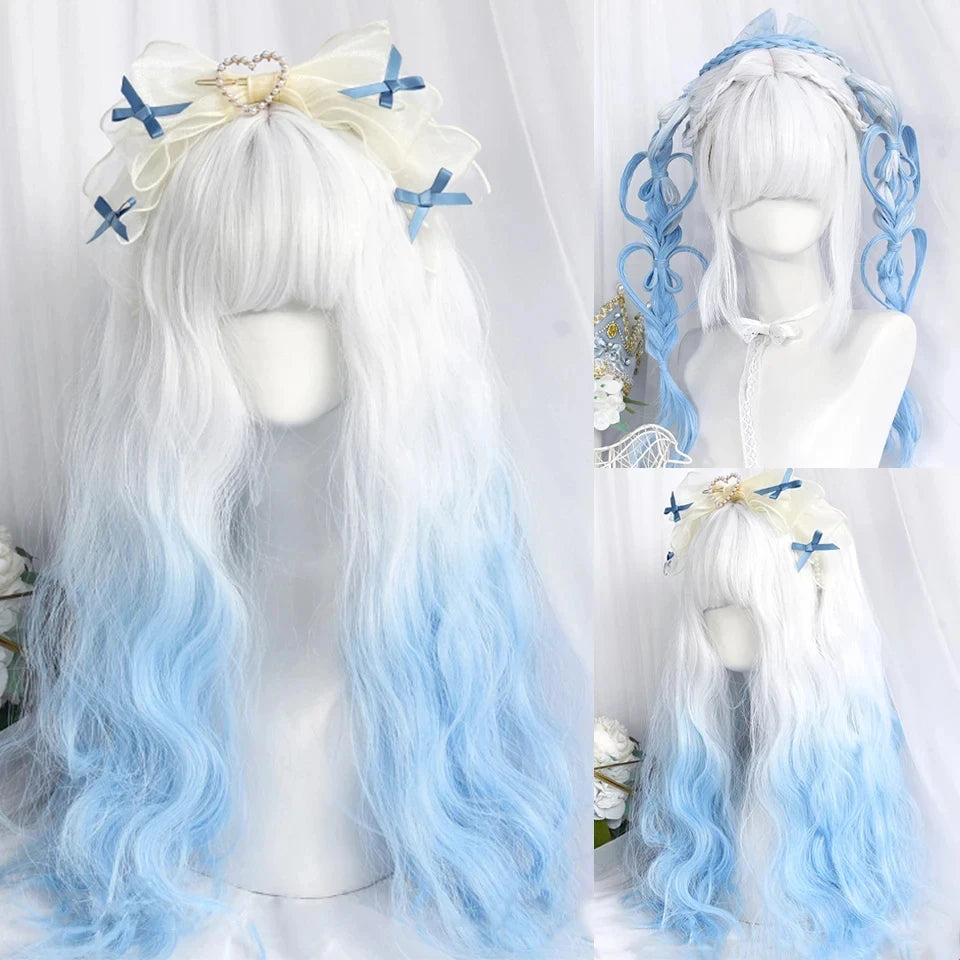 OLACARE Long Curly Wavy Pink Blonde Synthetic Wig with Fluffy Bangs WHITE