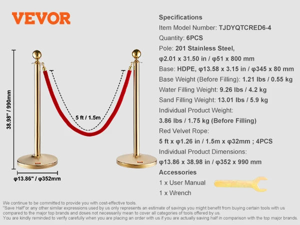 SucceBuy Velvet Ropes Gold Stanchion - Ball Top Design