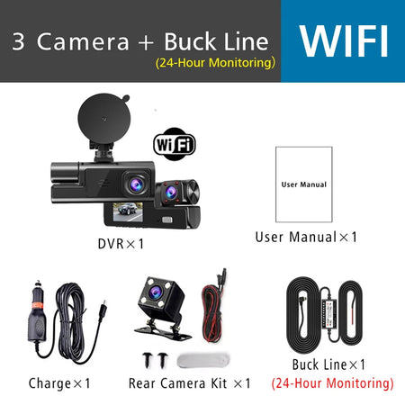 3-Channel Car DVR Dash Cam with WiFi Wifi-3 Camera-BL / 128G