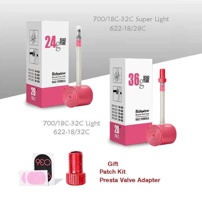 Cameră interioară pentru bicicletă de șosea RideNow Ultralight 700c cu TPU și convertor valvă Schrader franceză