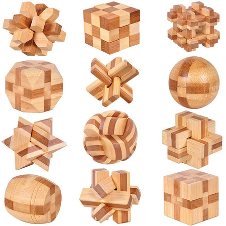 Bamboo Wooden Brain Teaser Puzzle - Kong Ming Lu Ban Lock - Montessori 3D Educational Toy for All Ages