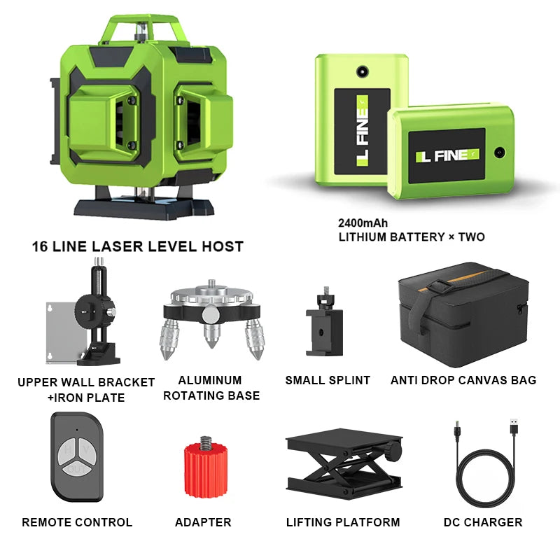 LFINE 4D 16-Line Green Laser Level with Remote Control and Self-Leveling uae30ub2a5 16 line Set