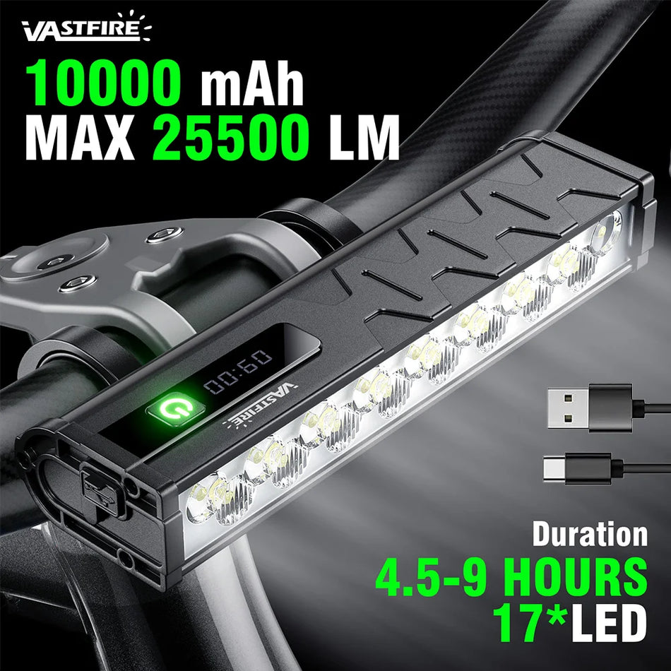 VASTFIRE Bicycle Front Light with Taillight 25500 Lumen, 10000mAh USB Rechargeable, IPX6 Aluminum Lamp