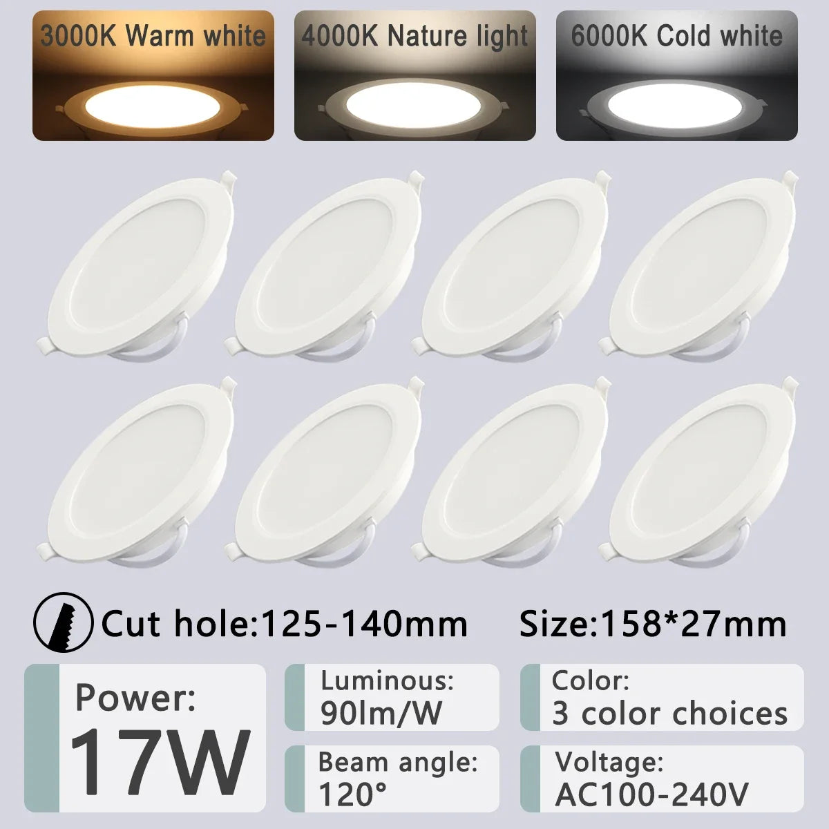 8 Pack Recessed Led Downlight 8 Inch &ndash; Multi Color Temp 17W / Cold white 6000K / AC100-240V