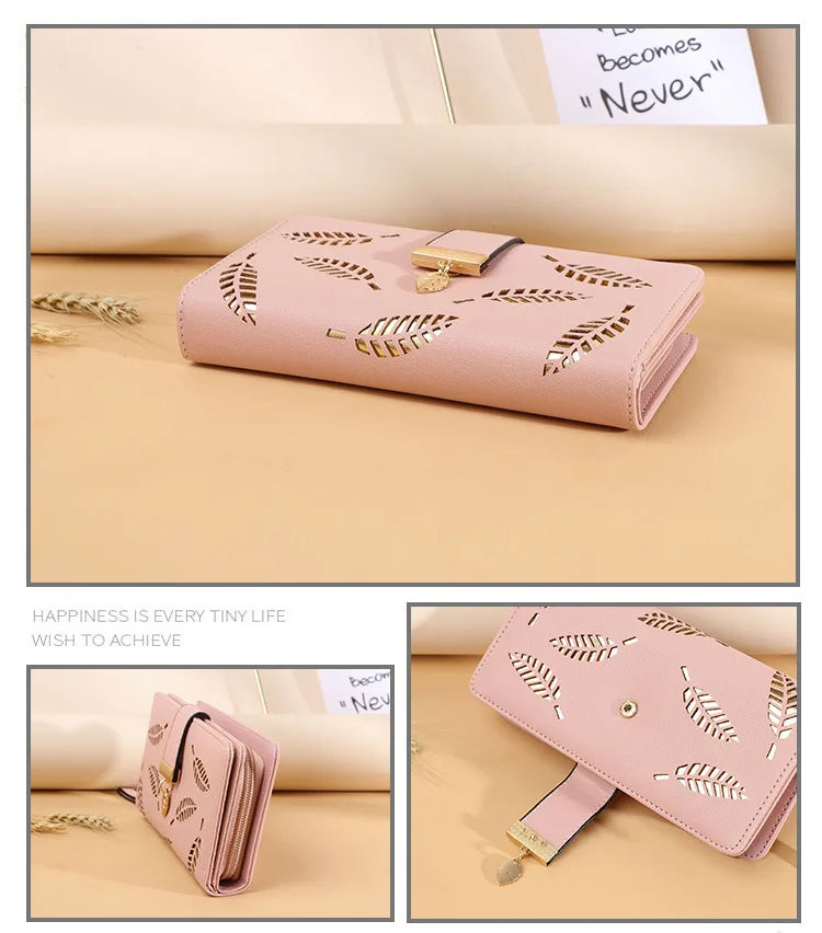 Ladies' PU Leather Hollow Leaves Long Zipper Wallet