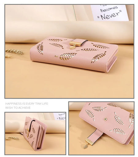 Ladies' PU Leather Hollow Leaves Long Zipper Wallet