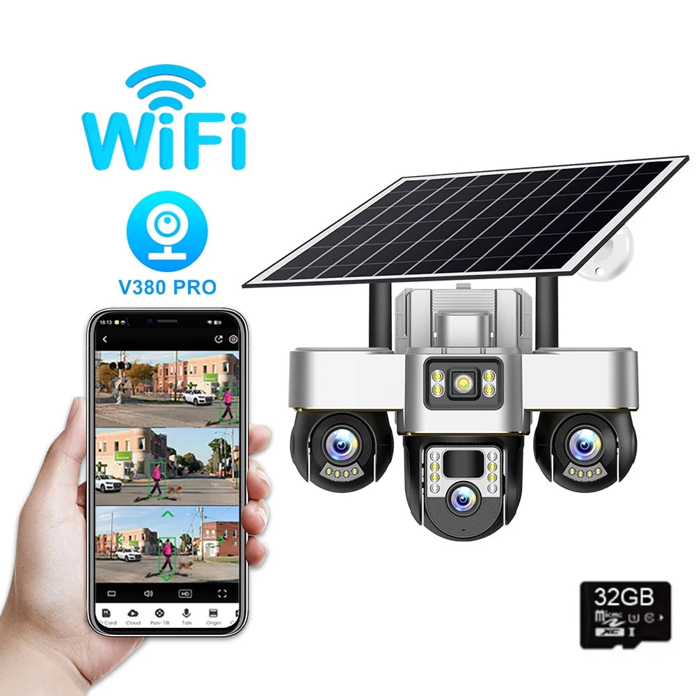 V380 Pro WIFI Three PTZs Lens Solar Camera 15MP Outdoor Waterproof CCTV Mobile Tracking IP Cam Night Vision Two-Way Audio Camera WIFI Camera 32G