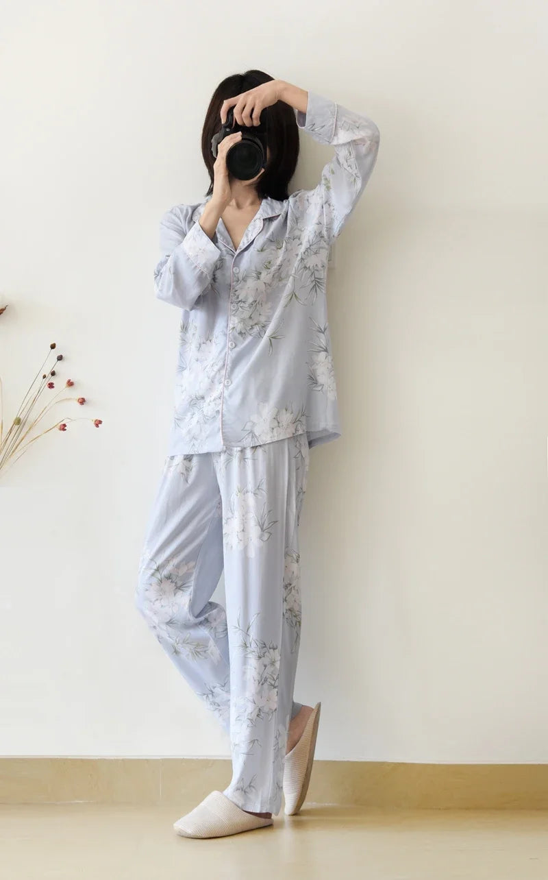 Japanese Style Women's Viscose Pajama Set - Floral Print, Long-Sleeve