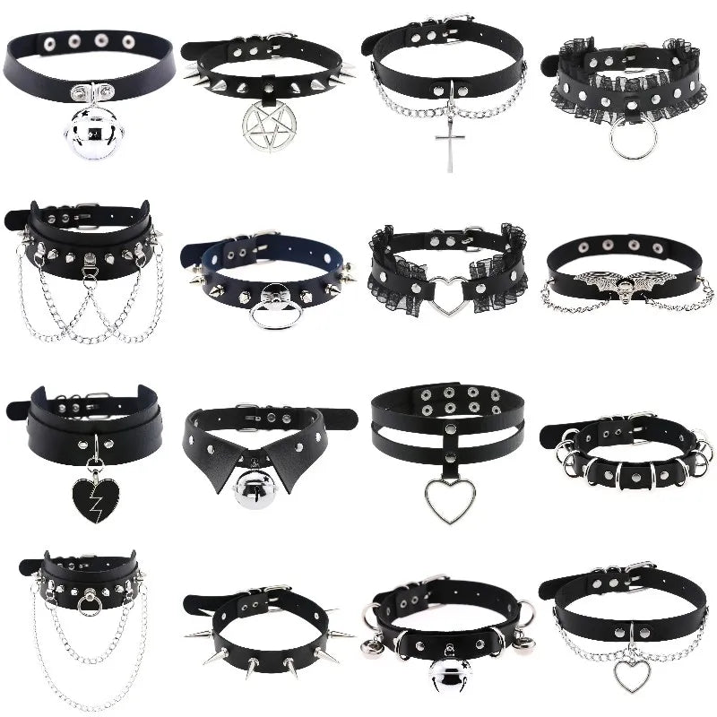 Punk Spike Rivet Leather Choker with Pentagram Pendant for Women