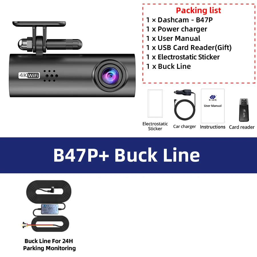 ACCEO 4K Smart Dash Cam &ndash; Front Rear Night Vision Recording B47P 4K DVR-BL / 128G
