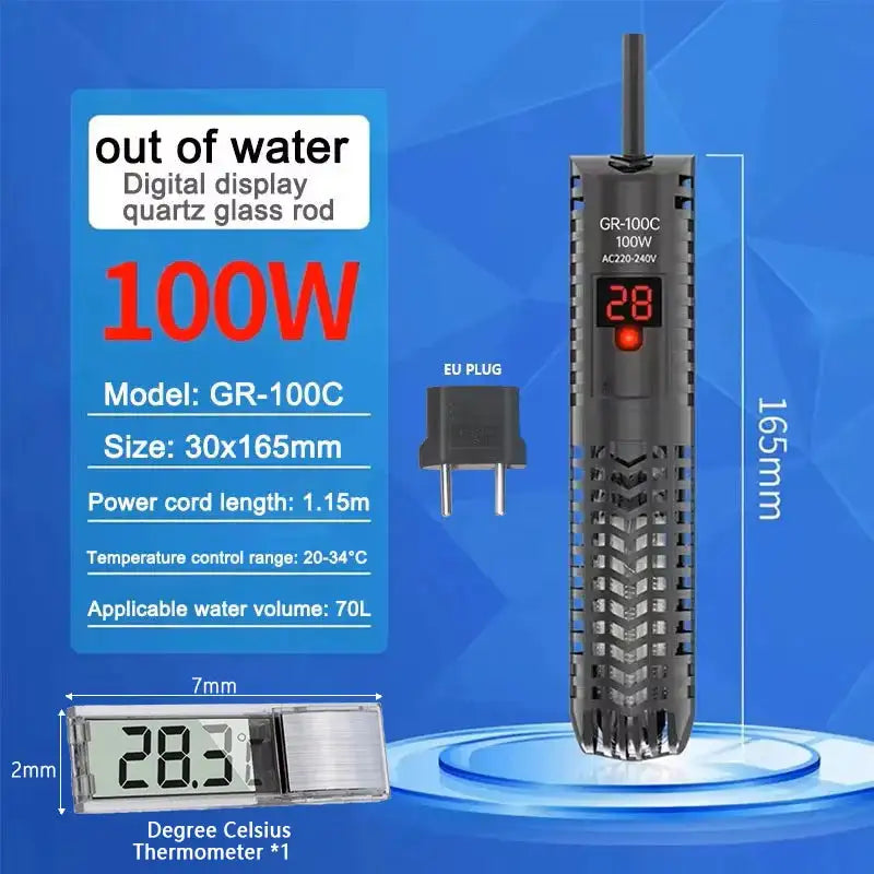 Aquarium Submersible Heater With Thermometer 220 240V 100C and Silver THE