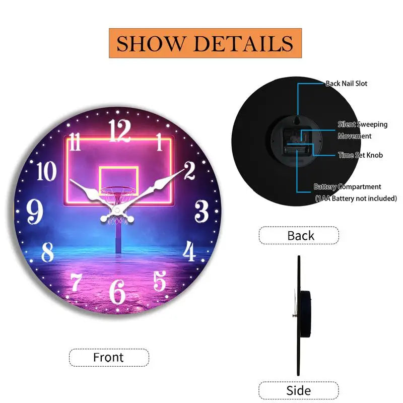 Ceas de perete rotund analog din lemn cu cuarț, silențios, cu coș de baschet și lumini neon pentru decor modern de sufragerie