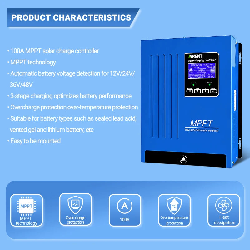 ANENJI 100A MPPT Solar Charge Controller for 12V 24V 48V Batteries, Backlit LCD, Overload and Temp Protection