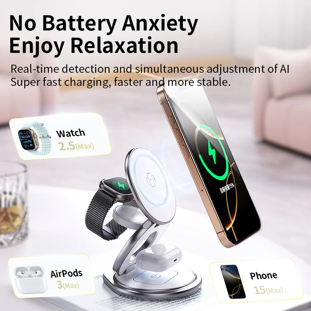 CrownQu 3 In 1 Magnetic Wireless Charger &ndash; Fast Charging With 360 Degree Rotation