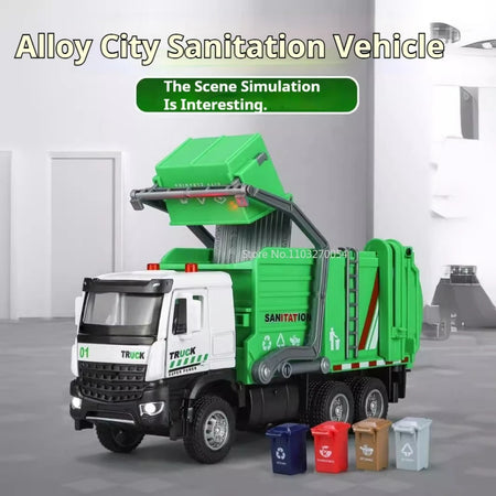 1/32 Crane Sanitation Car Model Toys Diecast Alloy Engineering Vehicle Sound Light Pull Back High Simulation Model For Kids Gift