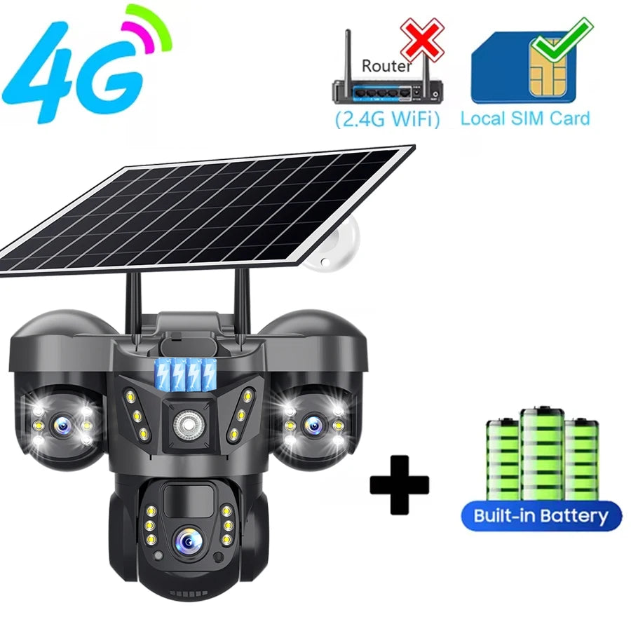 V380 15 MP Solar Camera Three Lens Two-Way Audio Outdoor IP66 Waterproof Built-in Battery Security CCTV 6K HD 4G Network Camera 4G Cam No Card