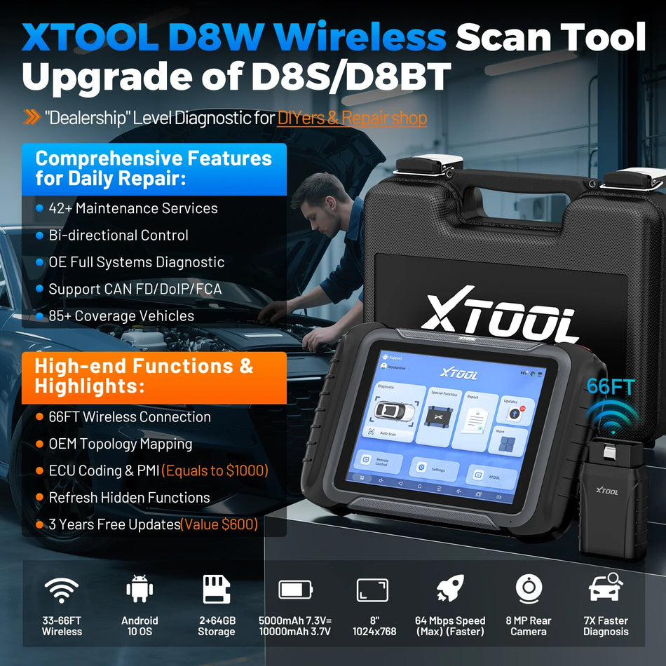 XTOOL D8W V2.0 Scanner de Diagnóstico OBD2 para Carros com Programação de Chaves ECU