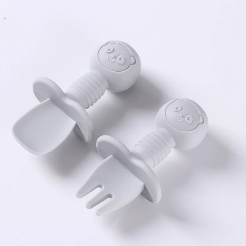 CZSAE 2pcs Silicone Spoon &amp; Fork Set for Baby Feeding Silver Grey