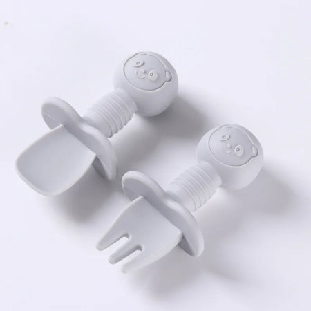 CZSAE 2pcs Silicone Spoon &amp; Fork Set for Baby Feeding Silver Grey